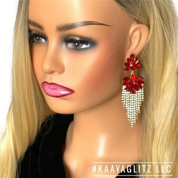 Red Earrings Long Tassel Dangle Crystal Rhinestone Gold Bridal Prom Holiday - Picture 3 of 5